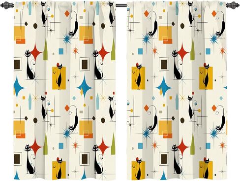 Mid Century Cat Kitchen Curtain Cafe Tiers Curtain Rod Pocket for Window Kitchen Farmhouse Bathroom Home Decor 2 Panels 28" W x 36" H in Saudi Arabia
