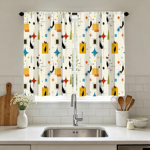Mid Century Cat Kitchen Curtain Cafe Tiers Curtain Rod Pocket for Window Kitchen Farmhouse Bathroom Home Decor 2 Panels 28" W x 36" H in Saudi Arabia