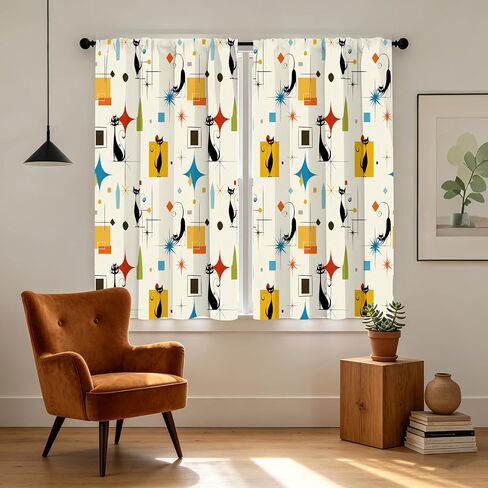 Mid Century Cat Kitchen Curtain Cafe Tiers Curtain Rod Pocket for Window Kitchen Farmhouse Bathroom Home Decor 2 Panels 28" W x 36" H in Saudi Arabia