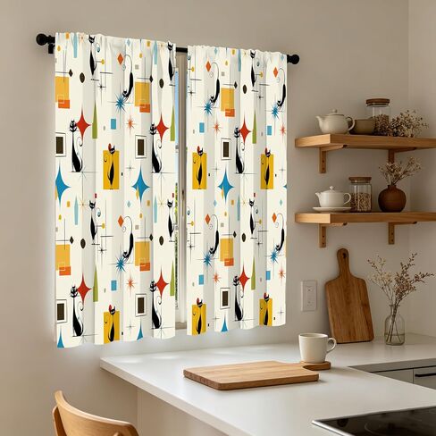 Mid Century Cat Kitchen Curtain Cafe Tiers Curtain Rod Pocket for Window Kitchen Farmhouse Bathroom Home Decor 2 Panels 28" W x 36" H in Saudi Arabia