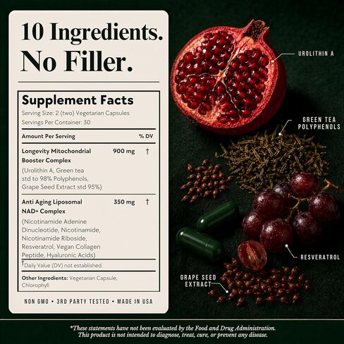 10-in-1 UROLITHIN A 1250mg Liposomal Longevity Complex | w. NAD+, Nicotinamide Riboside & Resveratrol | Mitochondrial Support Promotes Cellular Energy, Anti-Aging & Muscle Recovery in Saudi Arabia