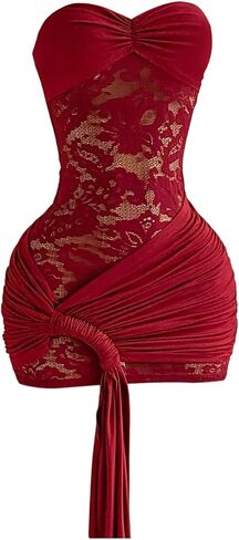 Milumia Women's Floral Lace Ruched Mini Tube Dress Sexy Sheer Strapless Bodycon Party Club Dresses in Kuwait