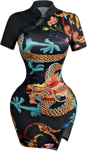 OYOANGLE Women's Dragon Print Cheongsam Dress Mandarin Collar Frog Buttons Short Sleeve Slit Hem Qipao Bodycon Mini Dresses in Kuwait