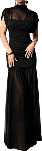 Women's Mesh Ruched Bodycon Maxi Dresses Mock Neck Sleeveless Elegant Long Formal Evening Prom Party Cocktail Dress in Saudi Arabia