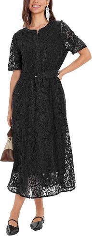 D-Sun Women Short Sleeve Floral Lace Dress V Neck Button Down Belted Elegant Party Cocktail Mid A-Line Dress with Pockets in Saudi Arabia