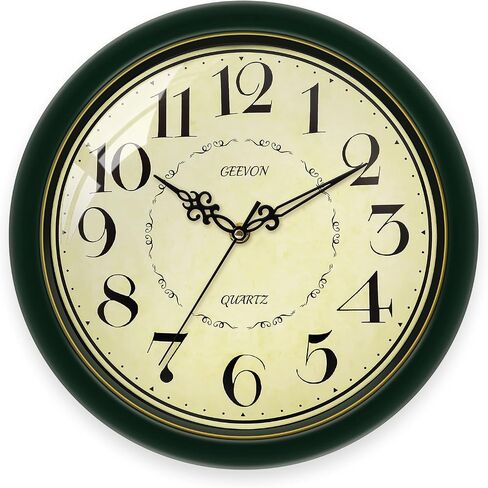 Geevon Vintage 12" Silent Wall Clock, Retro Round Battery Operated Decorative Clock with Large Numbers, Unique Hands for Bedroom Kitchen Office Living Room Café Decor(Black with Gold Ring) in Saudi Arabia