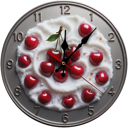 Wall Clock， Cherry Decorative Non Ticking Wall Clocks Battery Operated， Red Wooden Wall Clocks for Kitchen， Living Room， Bedroom， Office， Bathroom Decorative 25 * 25cm in Kuwait