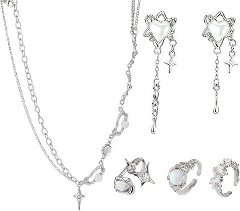 KURTCB Y2k Jewelry Y2k Silver Star Moonstone Alt Aesthetic Necklace Earrings Rings for Women Trendy 6PCS in Saudi Arabia