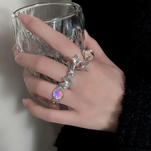 KURTCB Y2k Jewelry Y2k Silver Star Moonstone Alt Aesthetic Necklace Earrings Rings for Women Trendy 6PCS in Saudi Arabia