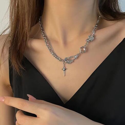 KURTCB Y2k Jewelry Y2k Silver Star Moonstone Alt Aesthetic Necklace Earrings Rings for Women Trendy 6PCS in Saudi Arabia