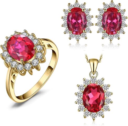 JewelryPalace Princess Diana Kate Middleton Gemstone Birthstone Red Ruby Halo Jewelry Sets for Women, 14K Yellow Gold Plated 925 Sterling Silver Necklaces for Her Size 9 in Kuwait