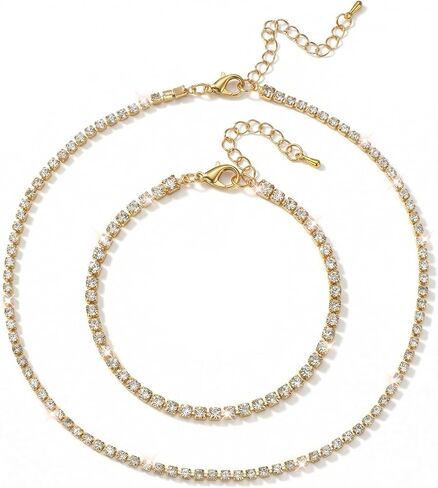 Hecila Tennis Necklace for Women Rhinestone Choker Necklace Adjustable Tennis Necklaces Dainty Gold Choker Necklaces Bracelet Crystal Link Bracelet for Wedding Jewelry Accessories in Kuwait