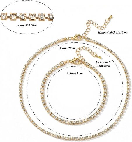 Hecila Tennis Necklace for Women Rhinestone Choker Necklace Adjustable Tennis Necklaces Dainty Gold Choker Necklaces Bracelet Crystal Link Bracelet for Wedding Jewelry Accessories in Kuwait