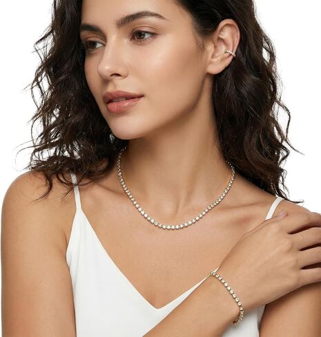 Hecila Tennis Necklace for Women Rhinestone Choker Necklace Adjustable Tennis Necklaces Dainty Gold Choker Necklaces Bracelet Crystal Link Bracelet for Wedding Jewelry Accessories in Kuwait