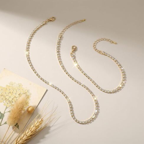 Hecila Tennis Necklace for Women Rhinestone Choker Necklace Adjustable Tennis Necklaces Dainty Gold Choker Necklaces Bracelet Crystal Link Bracelet for Wedding Jewelry Accessories in Kuwait
