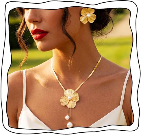 Yean Gold Flower Jewelry Set Floral Necklace and Earring Set Choker Necklaces for women in Saudi Arabia
