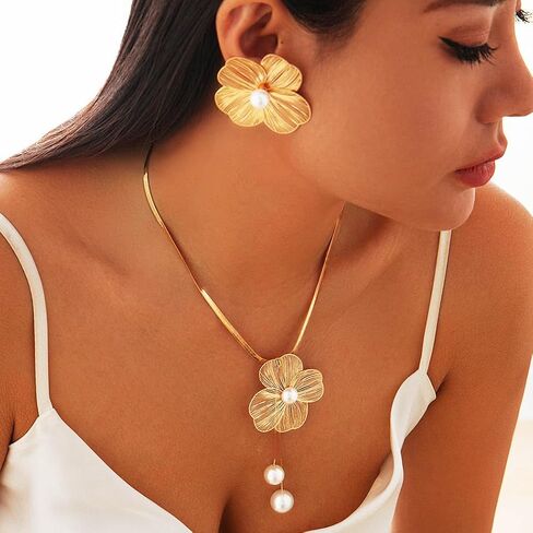 Yean Gold Flower Jewelry Set Floral Necklace and Earring Set Choker Necklaces for women in Saudi Arabia