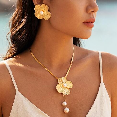Yean Gold Flower Jewelry Set Floral Necklace and Earring Set Choker Necklaces for women in Saudi Arabia