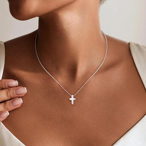 S925 Sterling Silver Cross Necklace for Women, Sterling Silver Chain Necklaces Cute Simple Small Cross Pendant Necklace Christian Baptism Religious Faith Jewelry Gifts 16 18 20 22 Inch in Saudi Arabia