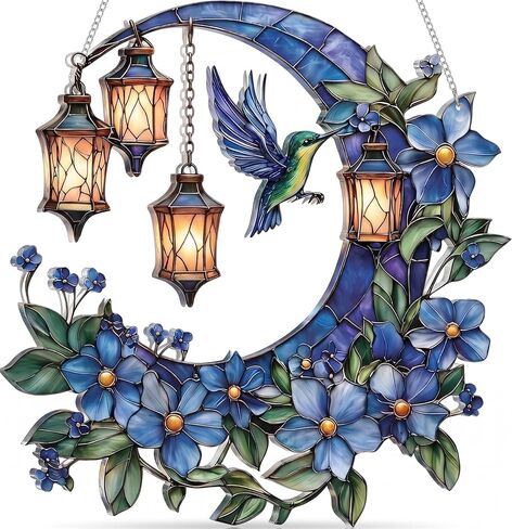 Hummingbird Moon Ornament Acrylic Suncatcher, Stained Glass Style Window Hanging with Lantern and Blue Flowers, 4.5 Inch Decorative Home Decor, Gift for Women, Christmas Ornament(Sun-37) in Saudi Arabia