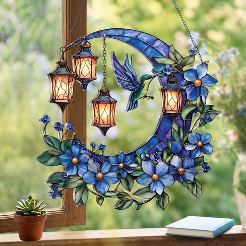 Hummingbird Moon Ornament Acrylic Suncatcher, Stained Glass Style Window Hanging with Lantern and Blue Flowers, 4.5 Inch Decorative Home Decor, Gift for Women, Christmas Ornament(Sun-37) in Saudi Arabia
