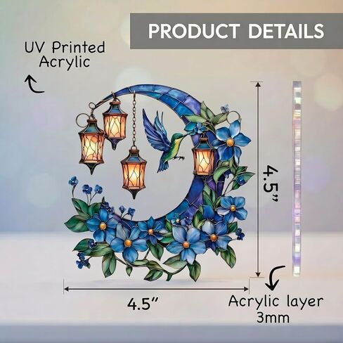 Hummingbird Moon Ornament Acrylic Suncatcher, Stained Glass Style Window Hanging with Lantern and Blue Flowers, 4.5 Inch Decorative Home Decor, Gift for Women, Christmas Ornament(Sun-37) in Saudi Arabia