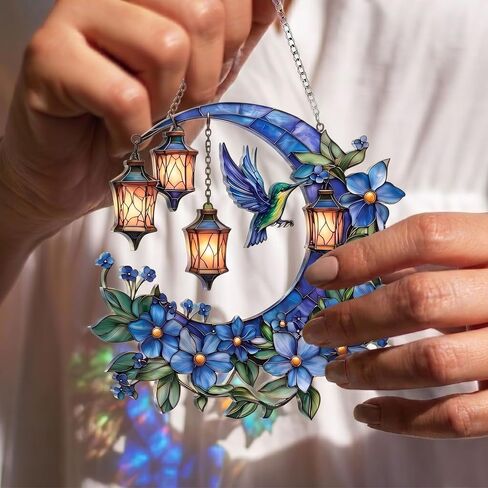 Hummingbird Moon Ornament Acrylic Suncatcher, Stained Glass Style Window Hanging with Lantern and Blue Flowers, 4.5 Inch Decorative Home Decor, Gift for Women, Christmas Ornament(Sun-37) in Saudi Arabia