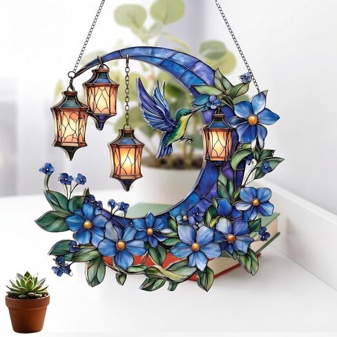 Hummingbird Moon Ornament Acrylic Suncatcher, Stained Glass Style Window Hanging with Lantern and Blue Flowers, 4.5 Inch Decorative Home Decor, Gift for Women, Christmas Ornament(Sun-37) in Saudi Arabia