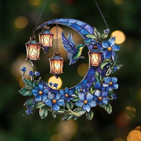 Hummingbird Moon Ornament Acrylic Suncatcher, Stained Glass Style Window Hanging with Lantern and Blue Flowers, 4.5 Inch Decorative Home Decor, Gift for Women, Christmas Ornament(Sun-37) in Saudi Arabia