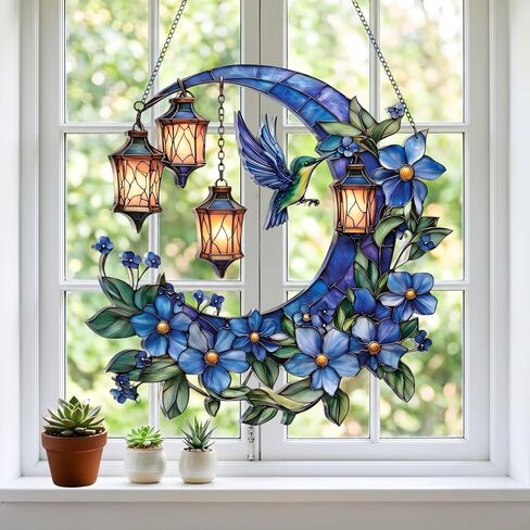 Hummingbird Moon Ornament Acrylic Suncatcher, Stained Glass Style Window Hanging with Lantern and Blue Flowers, 4.5 Inch Decorative Home Decor, Gift for Women, Christmas Ornament(Sun-37) in Saudi Arabia
