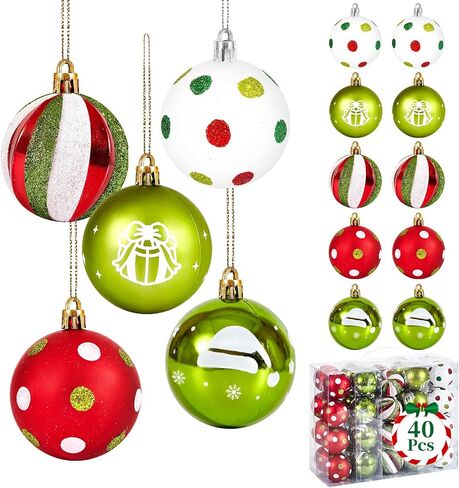 40 Pcs Christmas Balls Ornaments, 2.4 Inch Glittering Red Green White Ball Ornaments for Xmas Decorations, Plastic Striped Dot Hanging Baubles, Christmas Tree Pendants for Party Holiday Home in Saudi Arabia