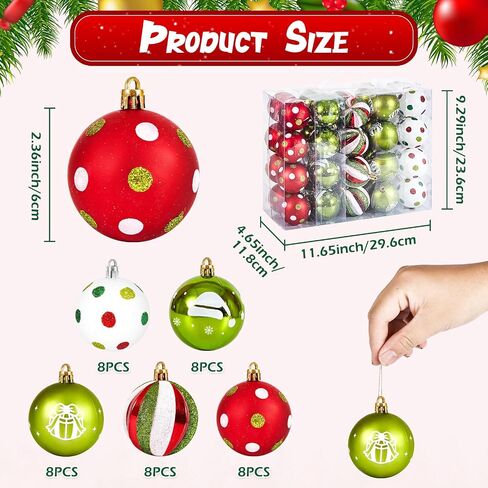 40 Pcs Christmas Balls Ornaments, 2.4 Inch Glittering Red Green White Ball Ornaments for Xmas Decorations, Plastic Striped Dot Hanging Baubles, Christmas Tree Pendants for Party Holiday Home in Saudi Arabia