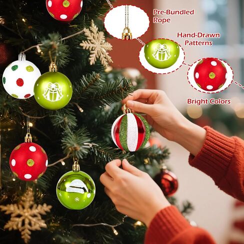 40 Pcs Christmas Balls Ornaments, 2.4 Inch Glittering Red Green White Ball Ornaments for Xmas Decorations, Plastic Striped Dot Hanging Baubles, Christmas Tree Pendants for Party Holiday Home in Saudi Arabia