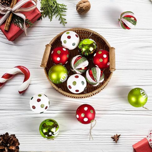 40 Pcs Christmas Balls Ornaments, 2.4 Inch Glittering Red Green White Ball Ornaments for Xmas Decorations, Plastic Striped Dot Hanging Baubles, Christmas Tree Pendants for Party Holiday Home in Saudi Arabia