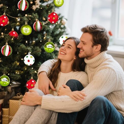 40 Pcs Christmas Balls Ornaments, 2.4 Inch Glittering Red Green White Ball Ornaments for Xmas Decorations, Plastic Striped Dot Hanging Baubles, Christmas Tree Pendants for Party Holiday Home in Saudi Arabia