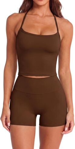 Women 2 Piece Workout Set Cross Back Tank Top Built in Bra Matching High Waist Biker Shorts Gym Yoga Pilates Outfits in Saudi Arabia