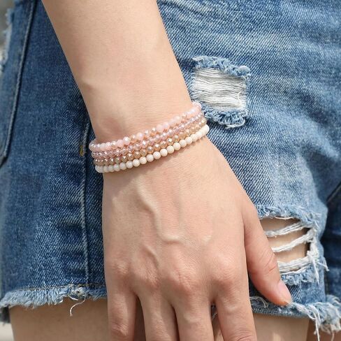 Ymapinc 4pcs Pink Bracelet for Women, Boho Stackable Bead Bracelet Set for Mothers Day, Pink Crystal Stretch Bracelets, Trendy Friendship/Mothers Day Gifts (4mm Beads) in Saudi Arabia