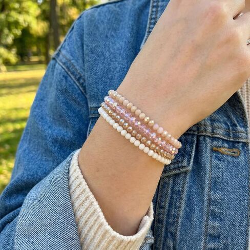 Ymapinc 4pcs Pink Bracelet for Women, Boho Stackable Bead Bracelet Set for Mothers Day, Pink Crystal Stretch Bracelets, Trendy Friendship/Mothers Day Gifts (4mm Beads) in Saudi Arabia