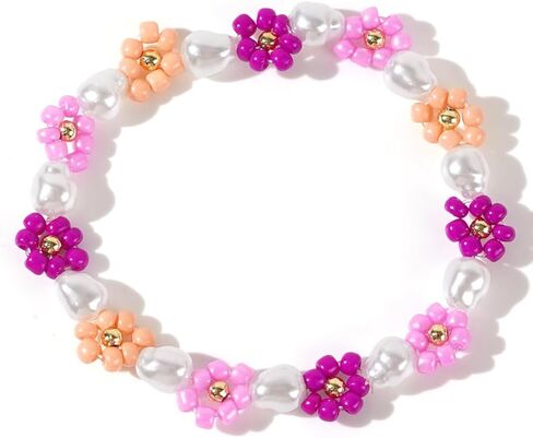 Daisy Flower Bracelet for Women,Handmade Cute Colorful Beads Pearl Elastic Bracelets Anklets Fashion Spring Summer Boho Jewelry Gifts in Saudi Arabia