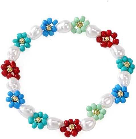 Daisy Flower Bracelet for Women,Handmade Cute Colorful Beads Pearl Elastic Bracelets Anklets Fashion Spring Summer Boho Jewelry Gifts in Saudi Arabia