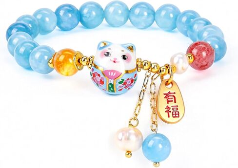 Natural Chalcedony Lucky Cat Bracelet, Handmade Crystal & Faux Pearl Beaded Fortune Cat Bracelet for Spiritual Healing, 8mm Stretch Spiritual Lucky Cat Bracelets for Women, Cute Aesthetic Jewelry for Anxiety Relief, Lucky Gift for Her, Gift-Ready Packagin in Saudi Arabia