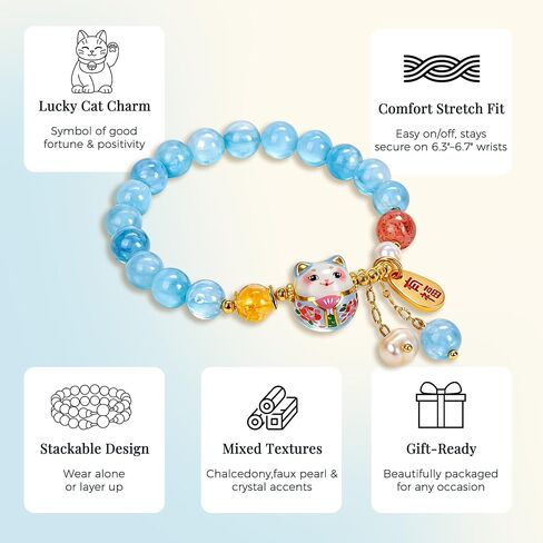 Natural Chalcedony Lucky Cat Bracelet, Handmade Crystal & Faux Pearl Beaded Fortune Cat Bracelet for Spiritual Healing, 8mm Stretch Spiritual Lucky Cat Bracelets for Women, Cute Aesthetic Jewelry for Anxiety Relief, Lucky Gift for Her, Gift-Ready Packagin in Saudi Arabia