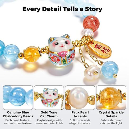 Natural Chalcedony Lucky Cat Bracelet, Handmade Crystal & Faux Pearl Beaded Fortune Cat Bracelet for Spiritual Healing, 8mm Stretch Spiritual Lucky Cat Bracelets for Women, Cute Aesthetic Jewelry for Anxiety Relief, Lucky Gift for Her, Gift-Ready Packagin in Saudi Arabia