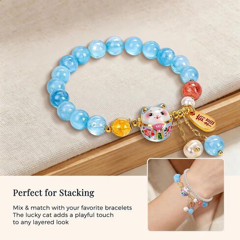 Natural Chalcedony Lucky Cat Bracelet, Handmade Crystal & Faux Pearl Beaded Fortune Cat Bracelet for Spiritual Healing, 8mm Stretch Spiritual Lucky Cat Bracelets for Women, Cute Aesthetic Jewelry for Anxiety Relief, Lucky Gift for Her, Gift-Ready Packagin in Saudi Arabia