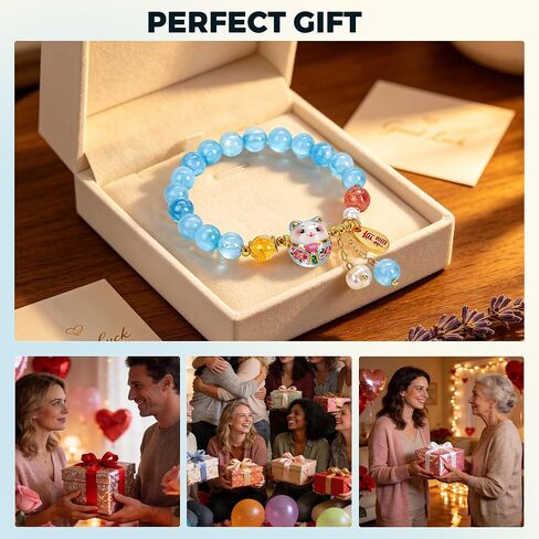 Natural Chalcedony Lucky Cat Bracelet, Handmade Crystal & Faux Pearl Beaded Fortune Cat Bracelet for Spiritual Healing, 8mm Stretch Spiritual Lucky Cat Bracelets for Women, Cute Aesthetic Jewelry for Anxiety Relief, Lucky Gift for Her, Gift-Ready Packagin in Saudi Arabia