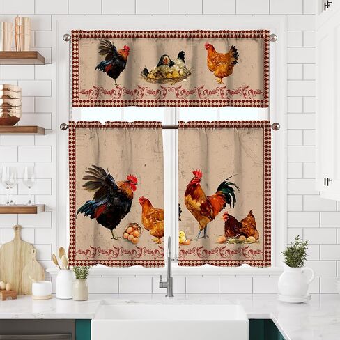 Rooster Chicken Kitchen Curtains Short and Valance Set Farmhouse Rustic Vintage Watercolor Floral Flower Fabric Curtain Drapes Dining Room Retro Rural Home Decor in Saudi Arabia