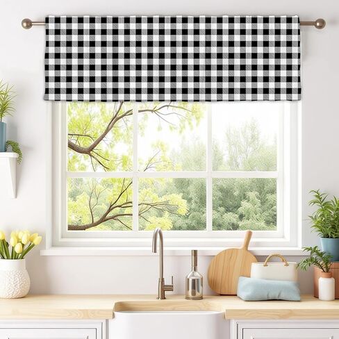 2 Pack Black and White Checkered Valances Window Treatments Buffalo Plaid Bathroom Bedroom Living Room Farmhouse Design Decoration Kitchen Curtains Rod Pocket 54x18 in in Kuwait