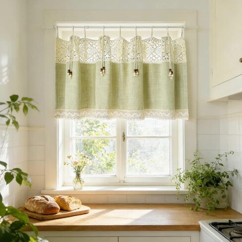 Farmhouse Valance Curtain for Kitchen Green Linen Curtain Tier for Bathroom Small Windows Short Cafe Curtain Light Filtering Privacy for Living Room Tie Top 1 Panel W55 x L24 Inch in Kuwait
