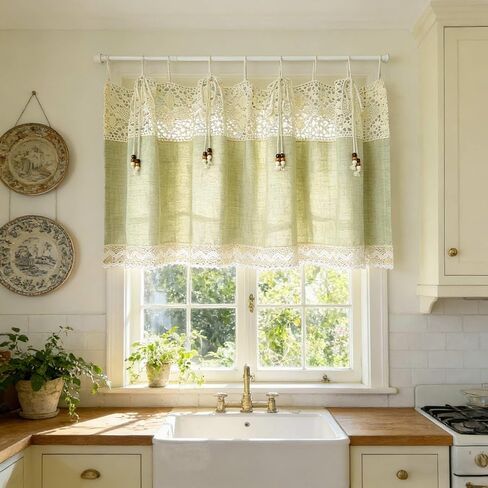Farmhouse Valance Curtain for Kitchen Green Linen Curtain Tier for Bathroom Small Windows Short Cafe Curtain Light Filtering Privacy for Living Room Tie Top 1 Panel W55 x L24 Inch in Kuwait