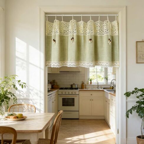 Farmhouse Valance Curtain for Kitchen Green Linen Curtain Tier for Bathroom Small Windows Short Cafe Curtain Light Filtering Privacy for Living Room Tie Top 1 Panel W55 x L24 Inch in Kuwait